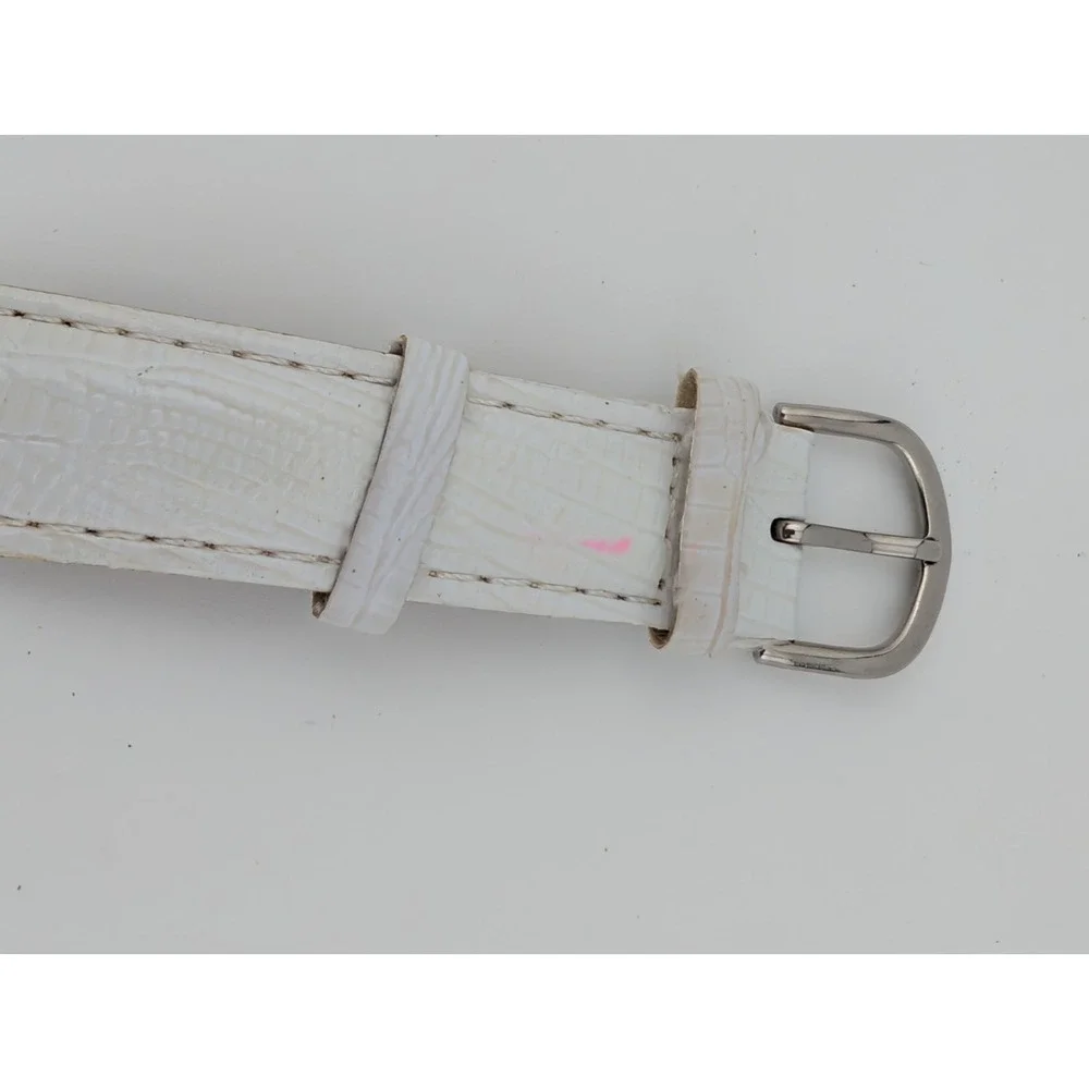 Women's‎ Quartz Watch 36mm Case Pave Bevel White Faux Leather Band- New Battery